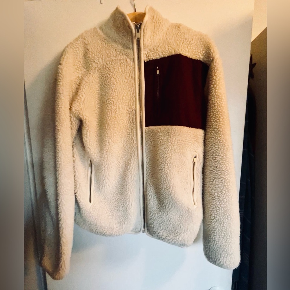 Women's Cream Teddy Jacket with Burgundy Detail Winter 2025 Coat